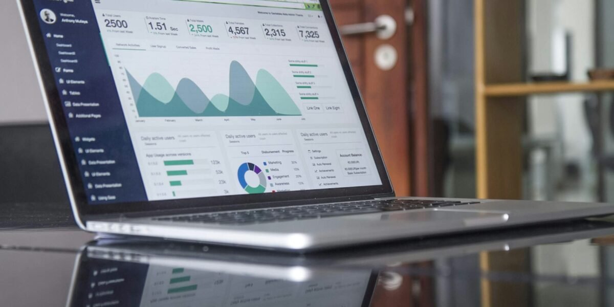 Laptop showing business software and charts